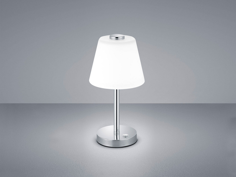 Moderne LED Tischlampe aus Chrom mit Glaslampenschirm in weiß TOUCH ME Dimmer