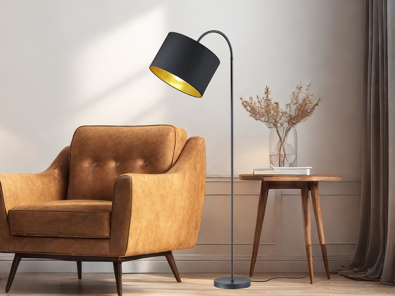 Flexible Standleuchte 156cm hoch mit Stoff Lampenschirm Ø35cm in schwarz//gold