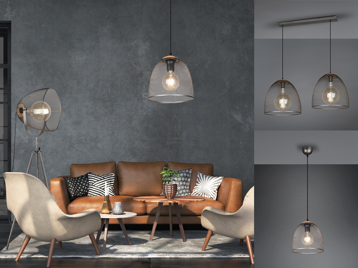 Coole Industriedesign Korblampen hängend über Couchtisch große Wohnzimmerlampen