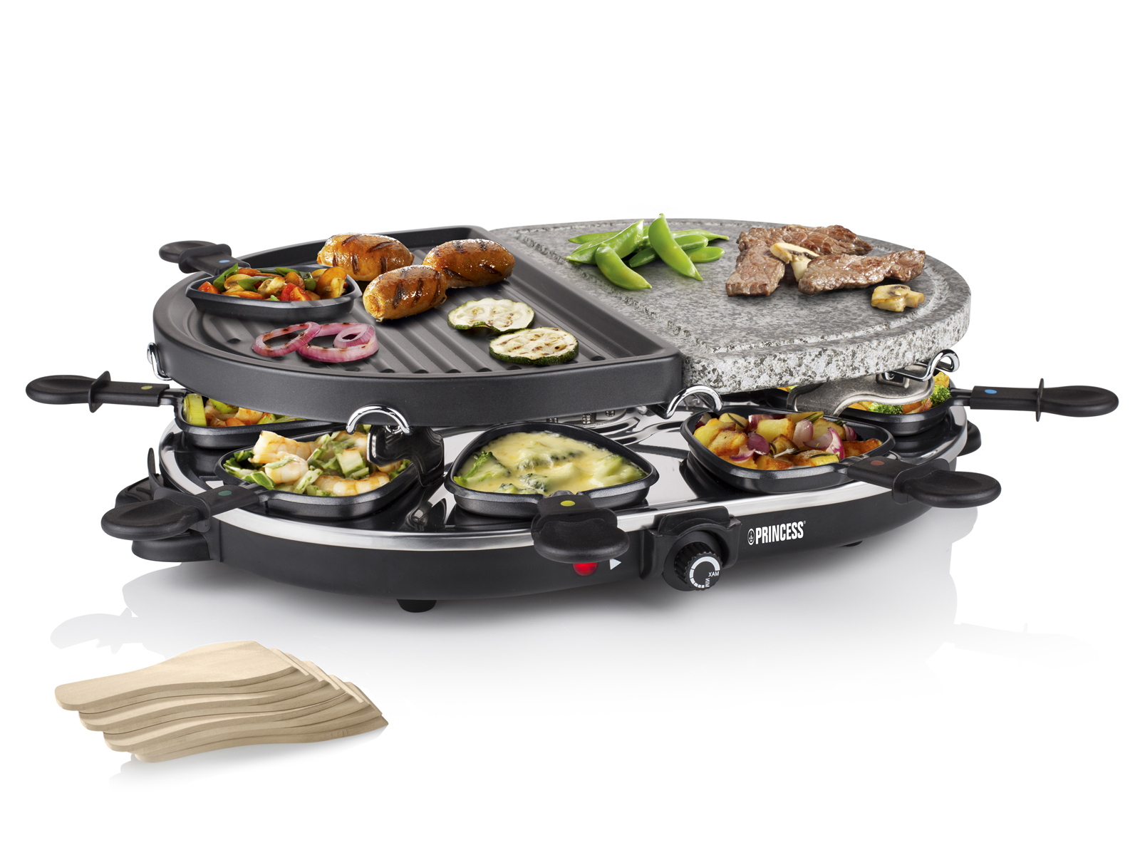 Princess 162710 Raclette 8 Oval Stone &Amp; Grill Party En Oferta Raclette Grills Piedra Caliente Y Placa De Asado Para Filetes Parrilla De Mesa Eléctrica Raclet